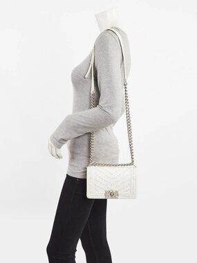 Chanel White Calfskin Leather and Faux Pearl Small Boy Bag